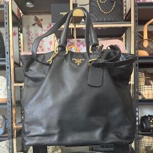 Prada Black Leather Tote with Gold Hardware